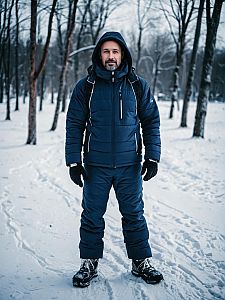Man Wearing Full-Body Thermal Winter Clothes Outdoors in Snowy Forest