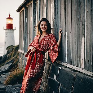 Smiling Woman in Red Kimono by Lighthouse