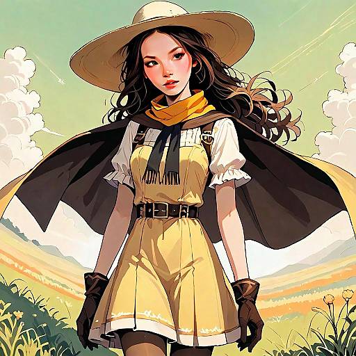 Stylized Digital Illustration of Woman in Vintage Yellow Outfit with Wide-Brim Hat