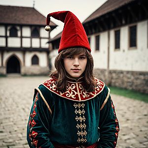 Medieval Woman in Luxurious Jester Costume with Red Pointed Hat