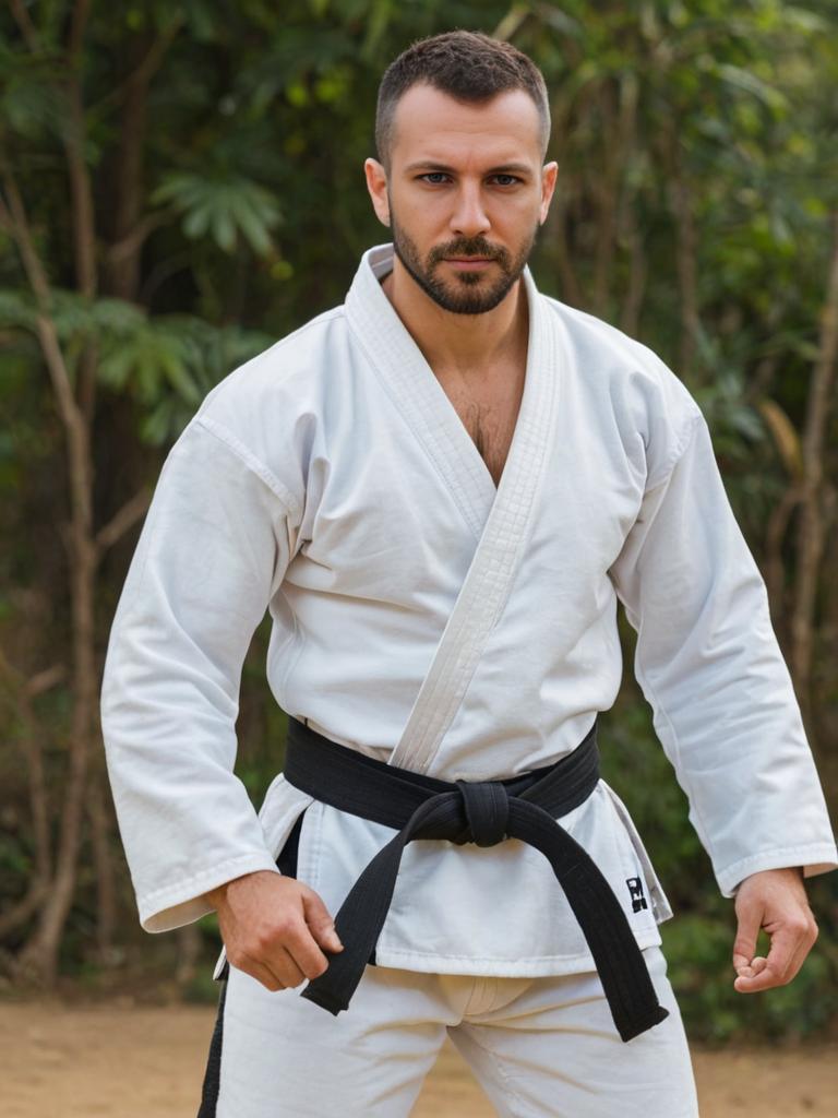 Confident Man in White Gi with Black Belt