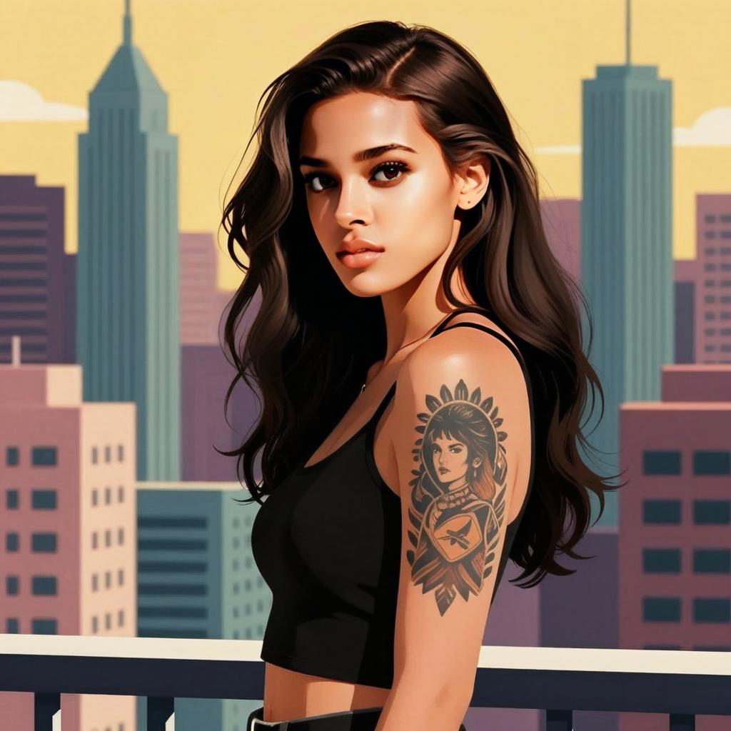 Stylish Woman with Tattoo on Rooftop Cityscape Background