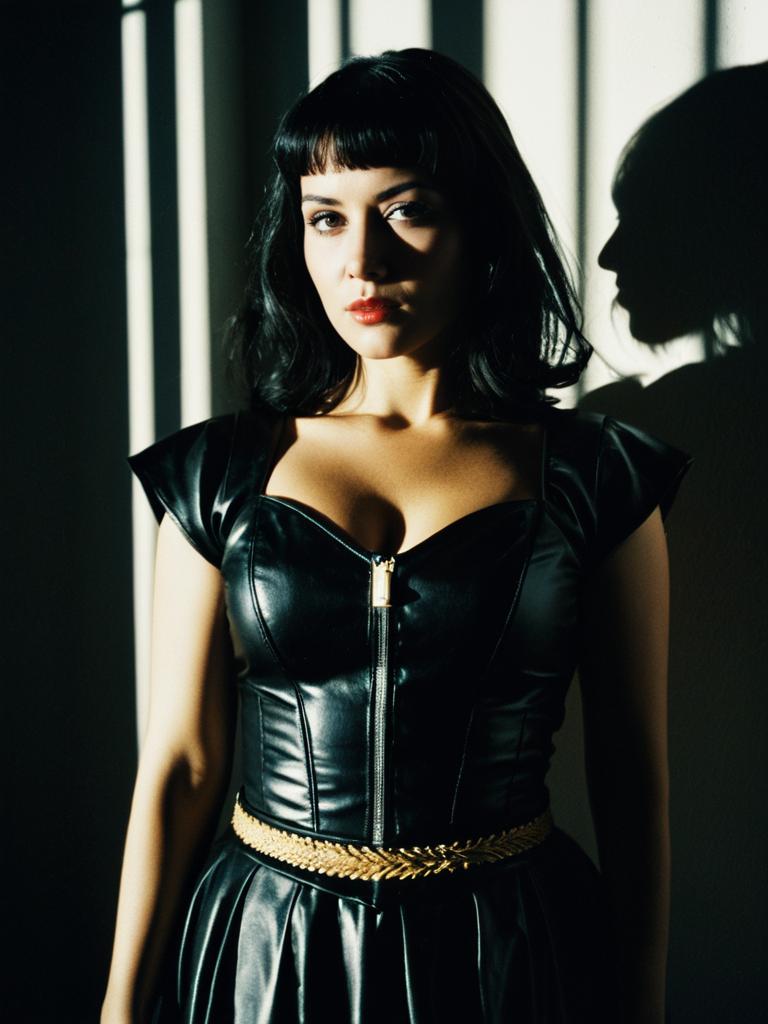 Woman in Black Leather Mia Costume Waist-Up Editorial Portrait with Dramatic Shadows