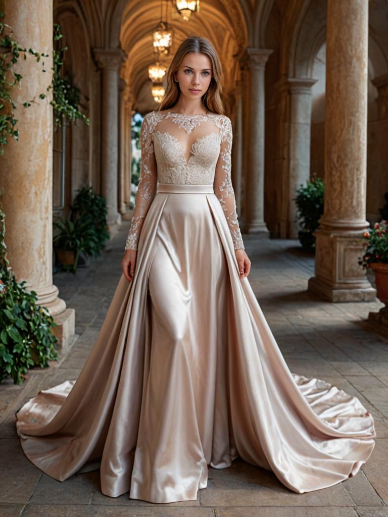 Elegant Bride in Satin Wedding Dress in Courtyard