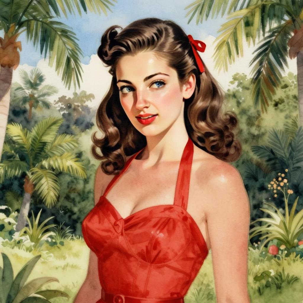Vintage Pin-Up Woman in Red Dress Tropical Background Illustration