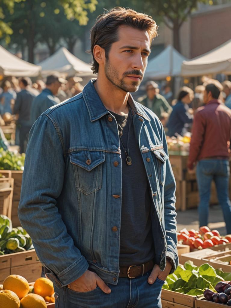 Man in Denim Jacket at Vibrant Outdoor Market