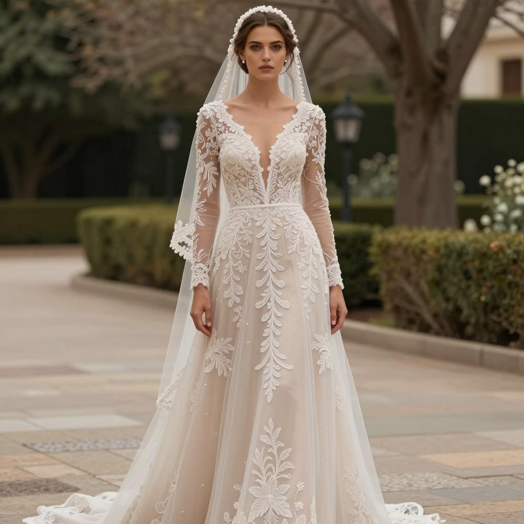 Elegant Floral Lace Long Sleeve Bridal Gown with Deep V-neck and Veil
