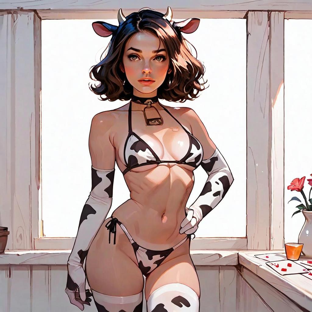 Anime Style Woman in Cow Print Bikini with Horns and Gloves
