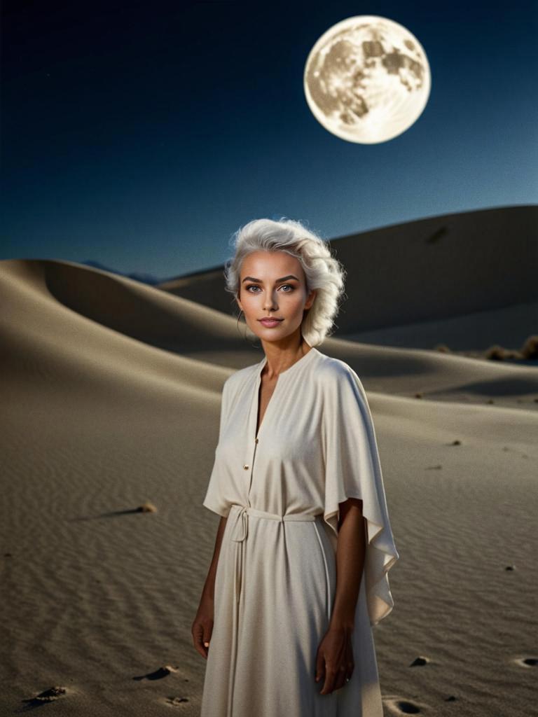 Woman in White Dress in Serene Desert Under Full Moon