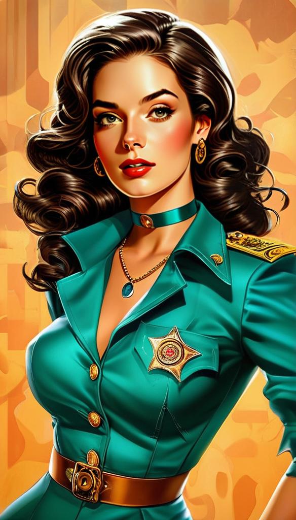 Stylish Woman in Teal Uniform with Gold Badge Digital Illustration