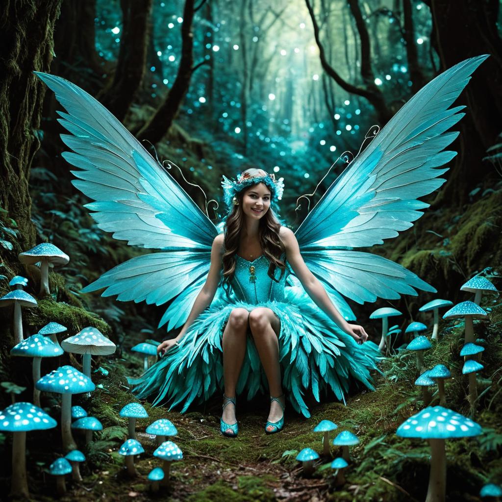 Enchanting Woman Fairy with Turquoise Wings in Magical Forest