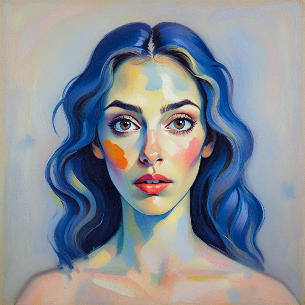 Portrait of a Woman with Blue Hair in Contemporary Digital Art Style