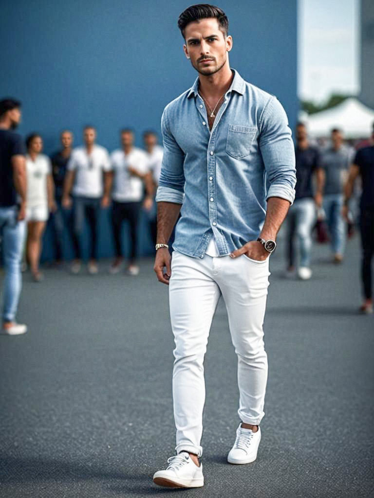 Fashionable Man in Denim Shirt and White Pants