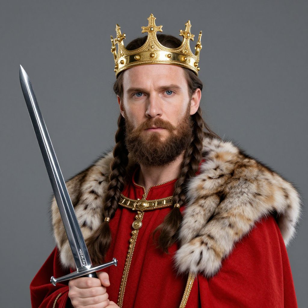 Medieval King in Red Robe Holding Sword with Gold Crown