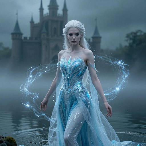 Mystical Woman in Ice Blue Gown with Magical Effects by a Castle