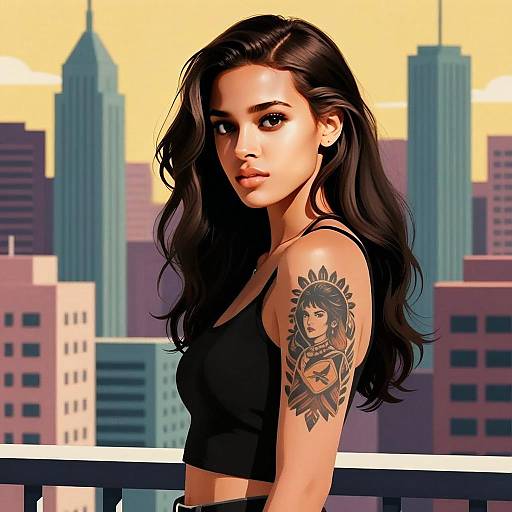 Stylish Woman with Tattoo on Rooftop Cityscape Background