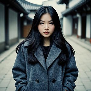 Young Woman in Gray Coat at Traditional Korean Architecture
