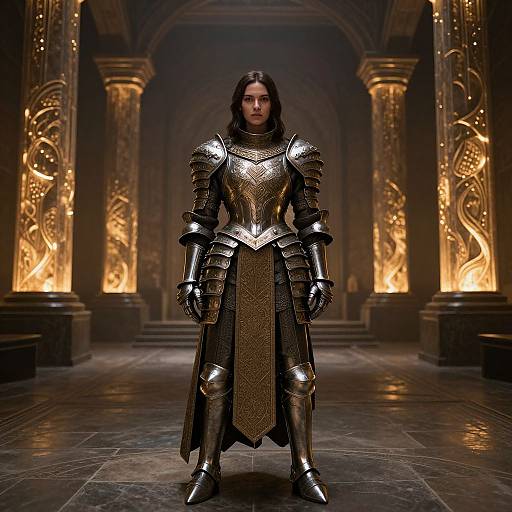 Woman in Detailed Medieval Armor in Ornate Castle Hall