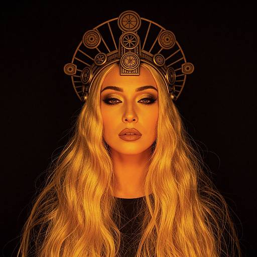 Golden Portrait of Woman with Ornate Halo Headpiece
