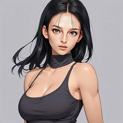 Anime-Inspired Digital Portrait of Young Woman with Black Hair and Choker Top