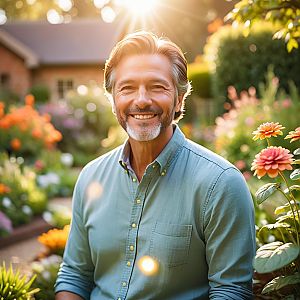 Middle-aged man in a vibrant garden