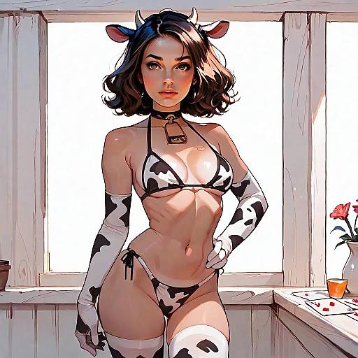 Anime Style Woman in Cow Print Bikini with Horns and Gloves