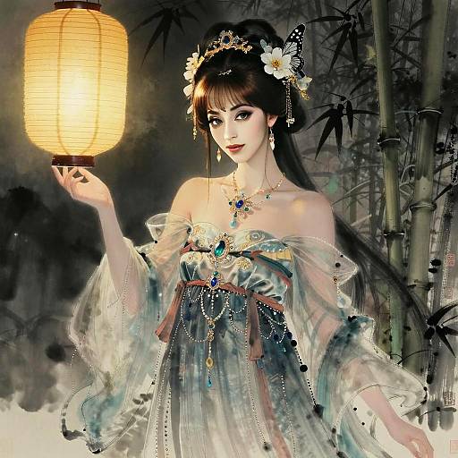 Elegant Woman Holding Lantern in Traditional East Asian Style Digital Art