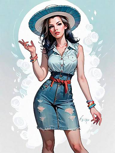 Realistic Comic Style Woman in Casual Denim Dress and Wide-Brimmed Hat
