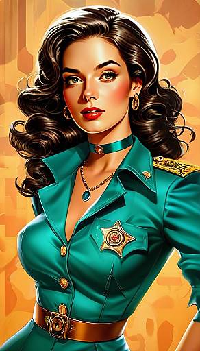 Stylish Woman in Teal Uniform with Gold Badge Digital Illustration