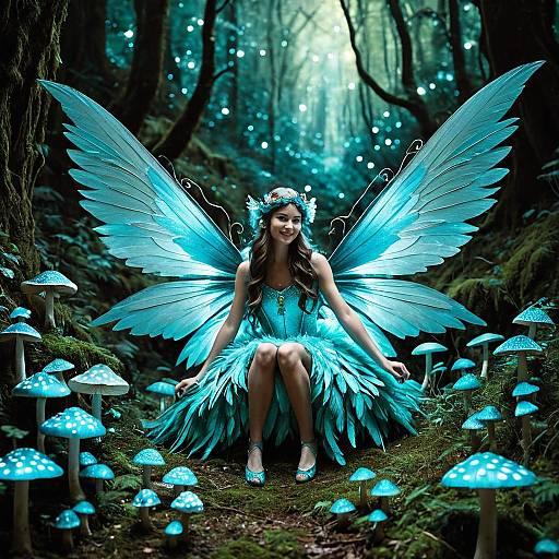 Enchanting Woman Fairy with Turquoise Wings in Magical Forest