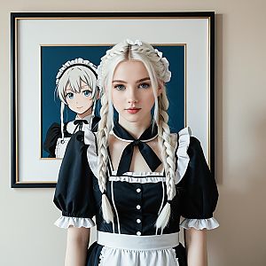 Realistic Portrait of Woman in Maid Outfit with Anime Artwork Background