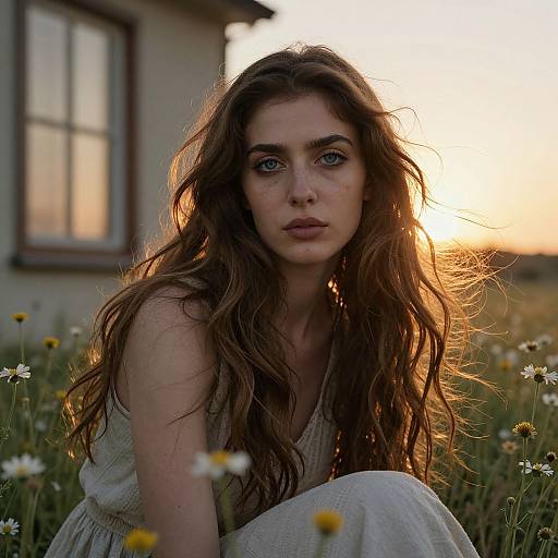 Young Woman Sitting in Wildflower Field at Golden Hour