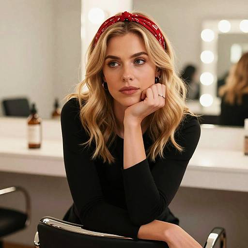Pensive Blonde Woman Wearing Red Bandana in Modern Dressing Room