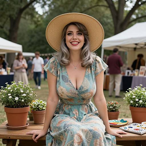 Smiling Woman in Floral Dress and Straw Hat at Outdoor Market