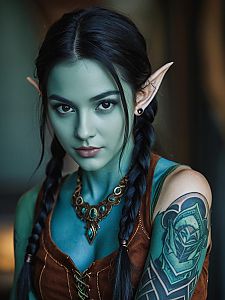 Realistic Fantasy Portrait of Blue-Skinned Elf Woman with Tattoo and Braided Hair