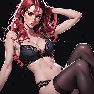 Confident Woman with Red Hair in Black Lace Lingerie