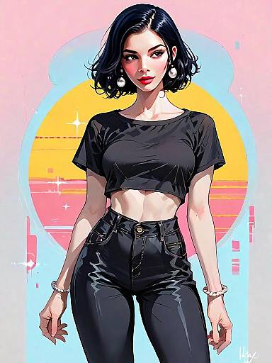 Stylish Woman in Black Crop Top and High-Waisted Pants - Realistic Comic Style Illustration