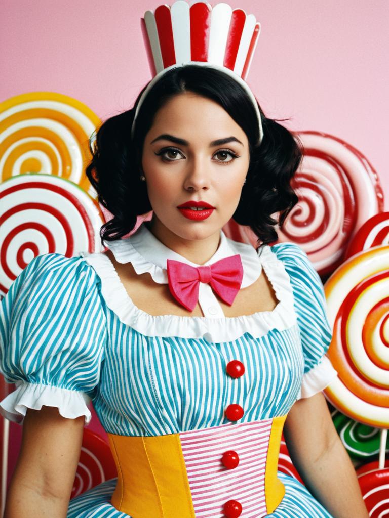 Woman in Bright Candyland Costume with Colorful Lollipop Background