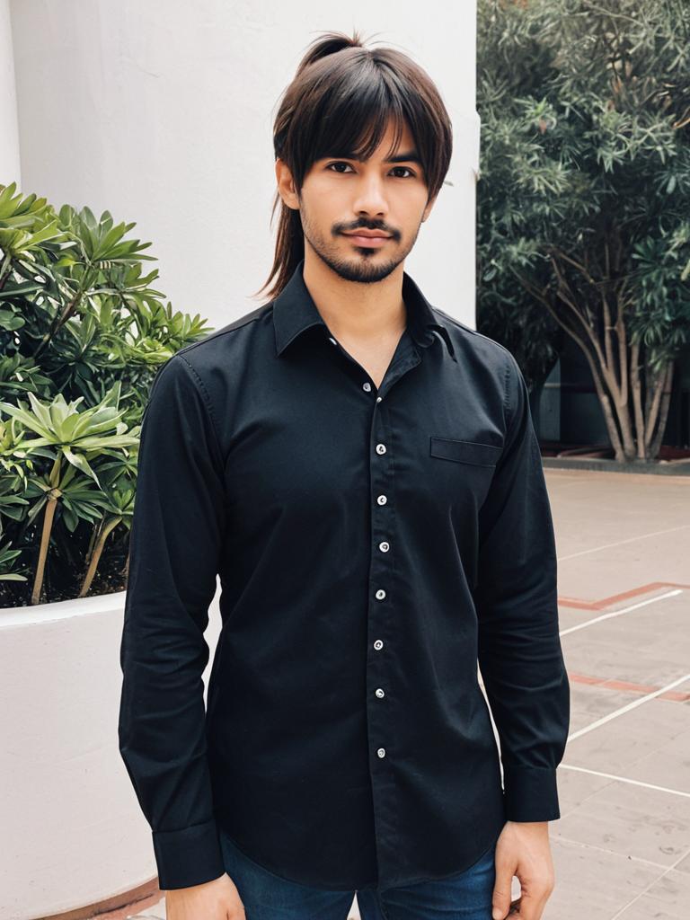 Young Man with Modern Mullet Hairstyle in Black Shirt Outdoors