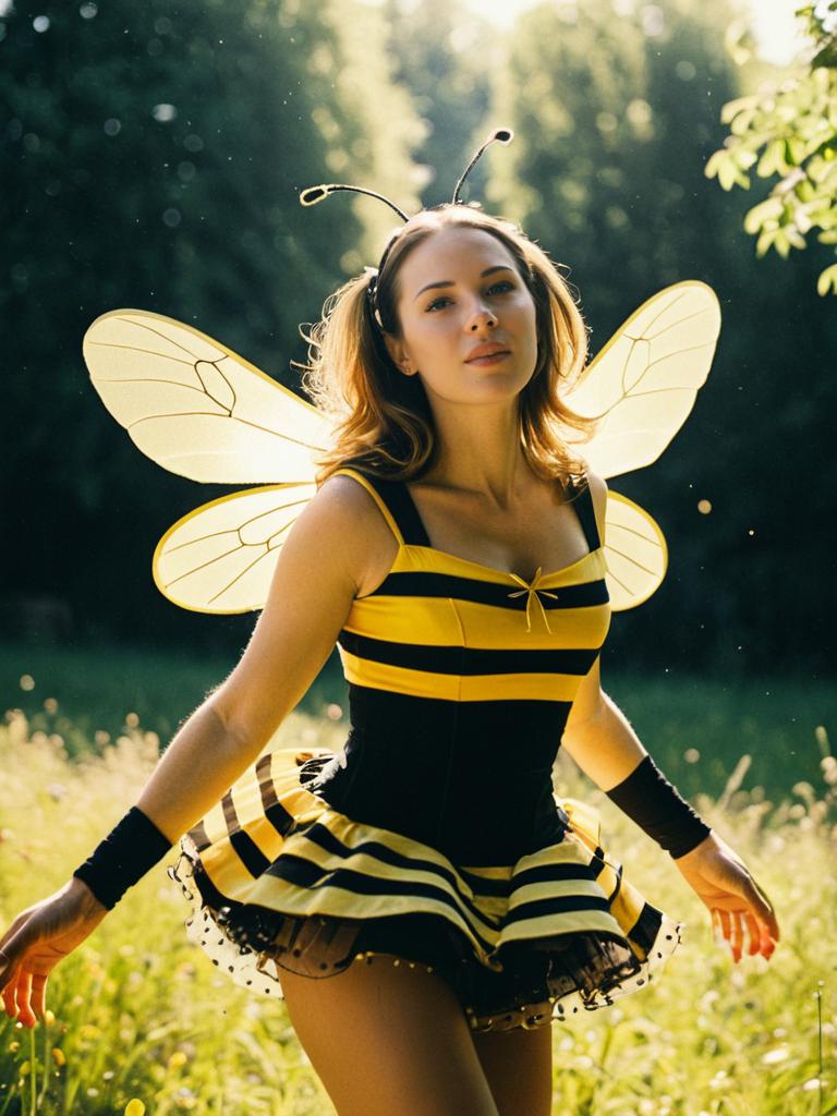 Photorealistic Outdoor Portrait of Woman in Bee Dance Costume in Sunlight