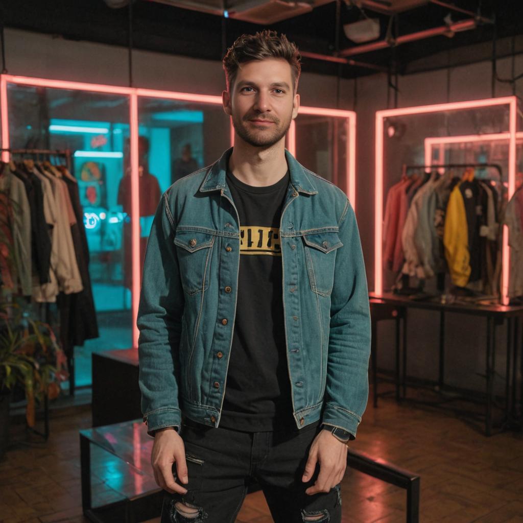 Stylish Man in Denim Jacket with Neon Backdrop