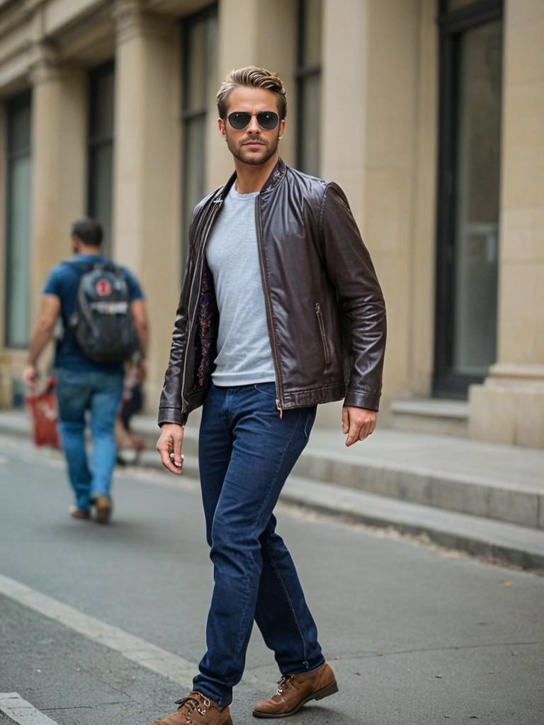 Confident man in stylish outfit on city sidewalk