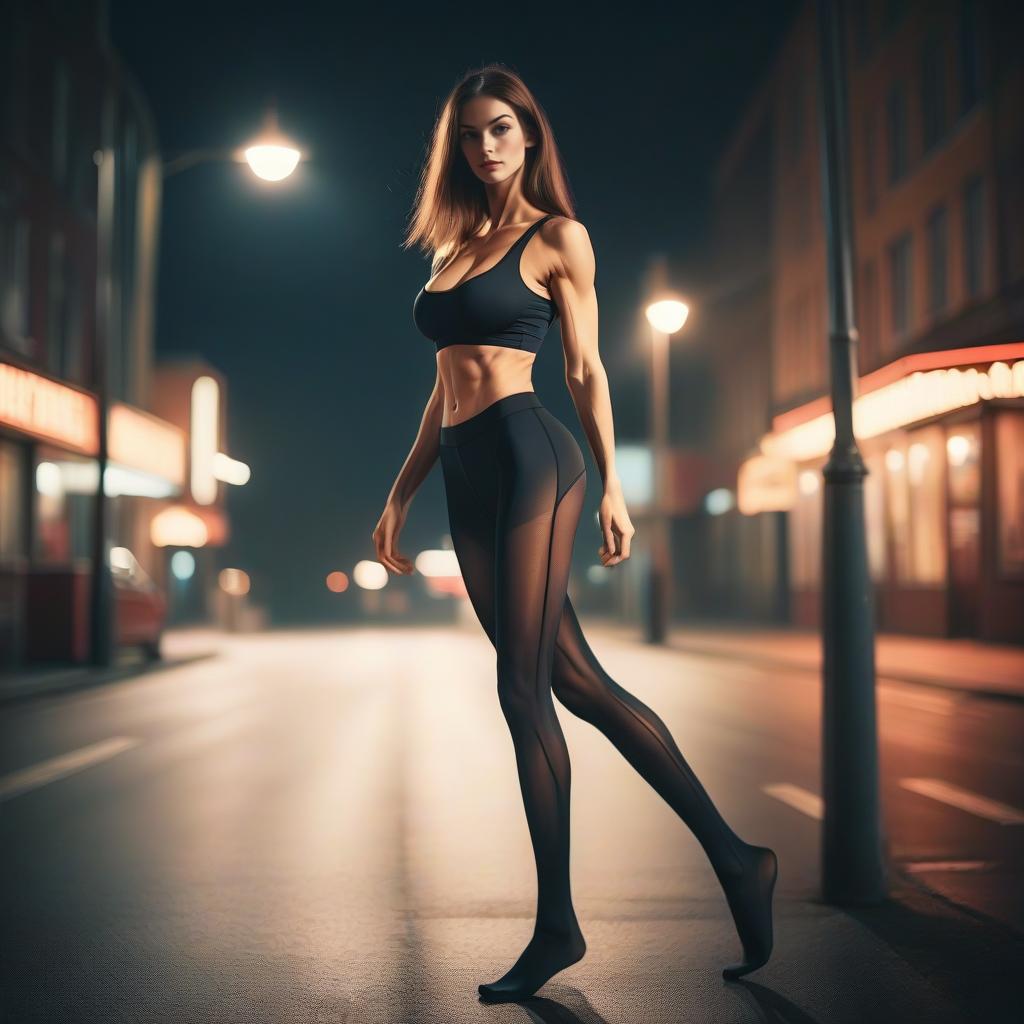 Confident Woman in Black Activewear on Night Street