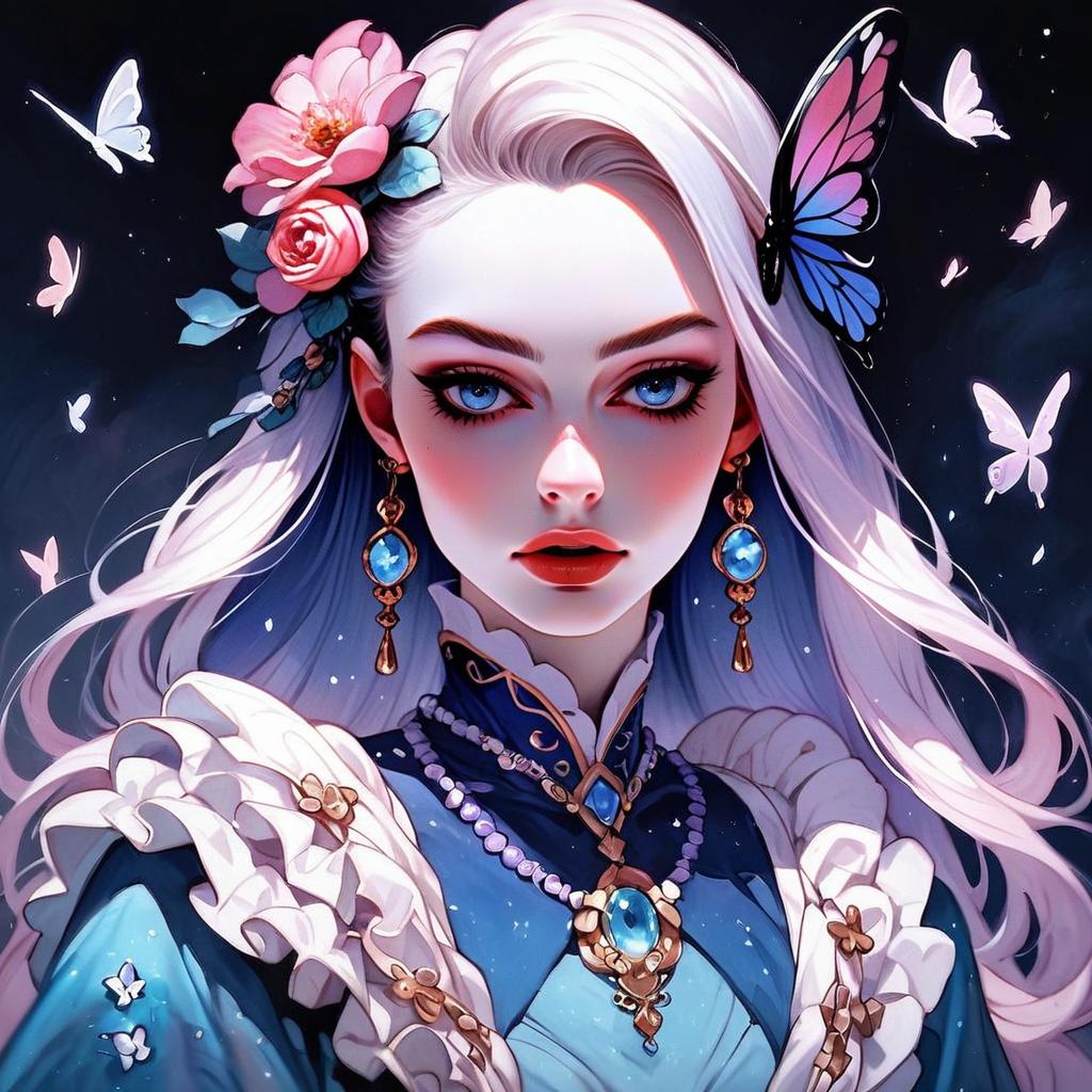 Mystical Woman with Silver Hair and Butterflies