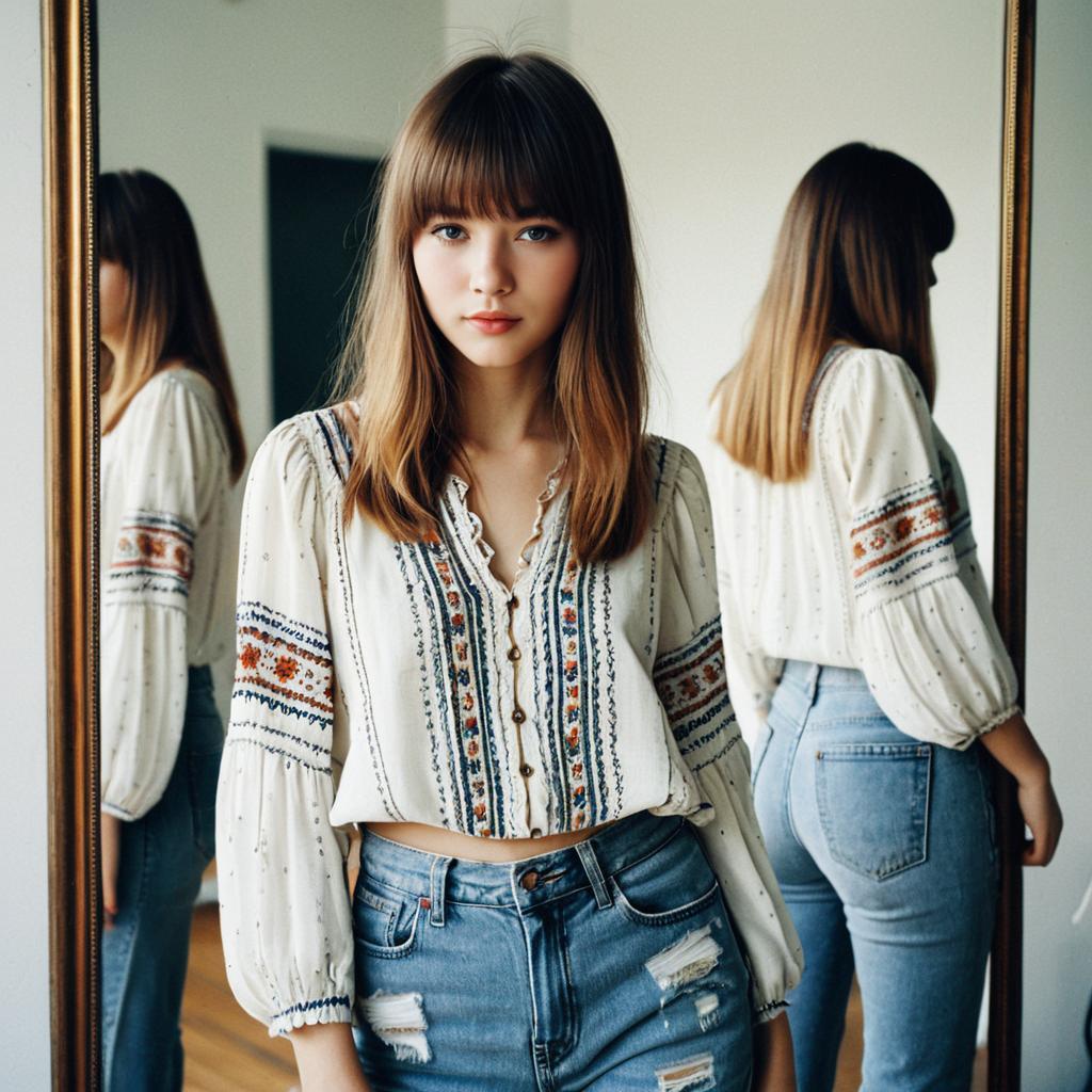 Young Woman Wearing Embroidered Bohemian Blouse and Ripped Jeans in Front of Mirror