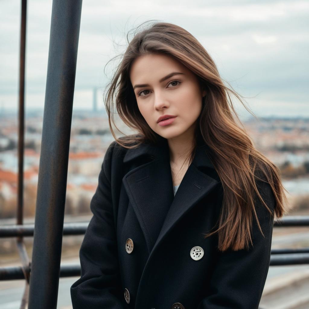 Portrait of a Young Woman in Black Coat with Cityscape Background