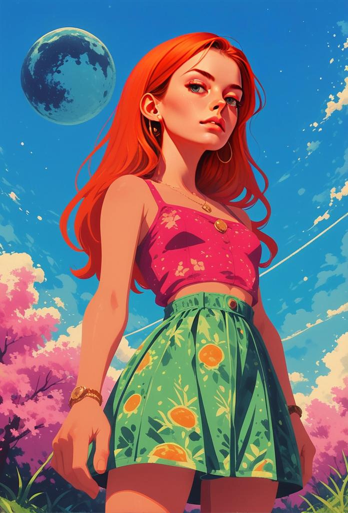 Red-Haired Woman in Colorful Summer Outfit with Moon and Floral Landscape Digital Art