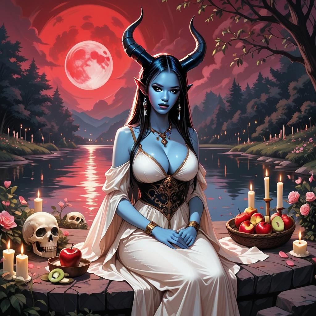Blue-skinned woman by a river under a red moon
