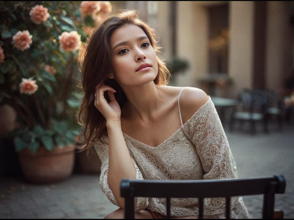 Elegant Young Woman in Outdoor Floral Setting