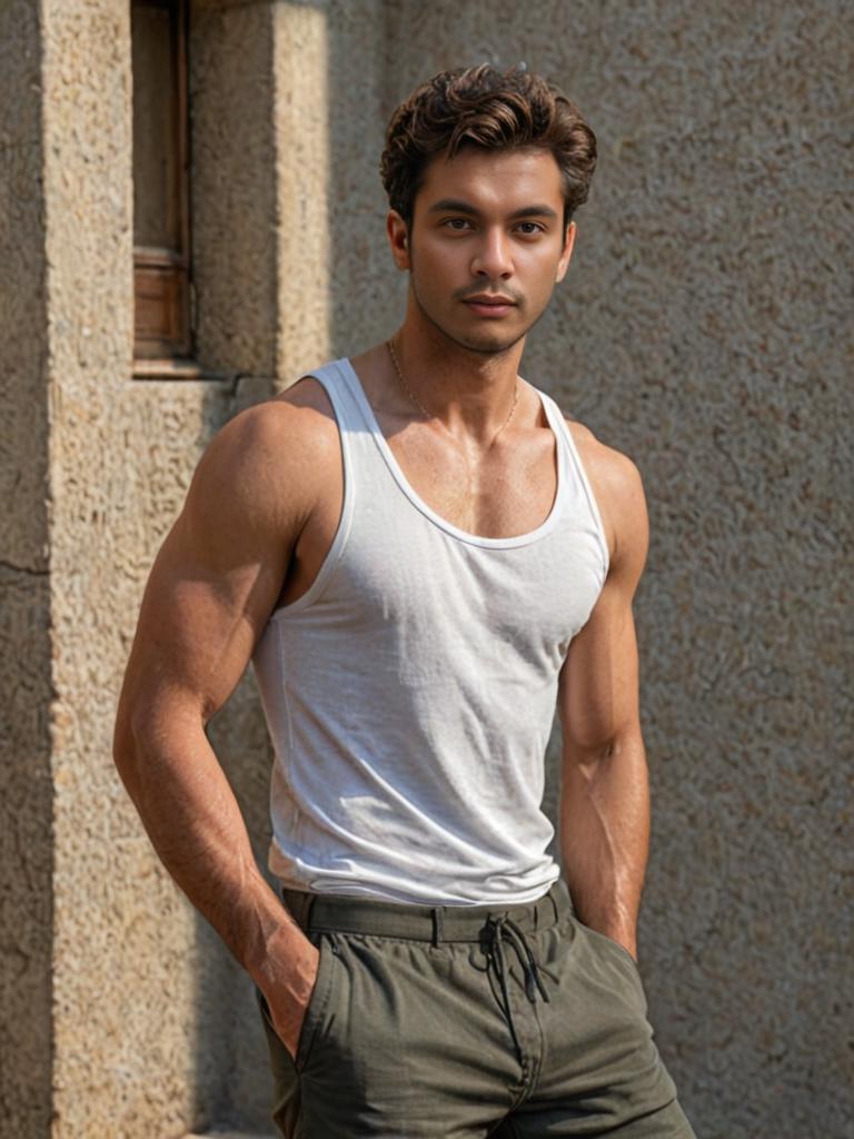 Confident man in white tank top against textured wall